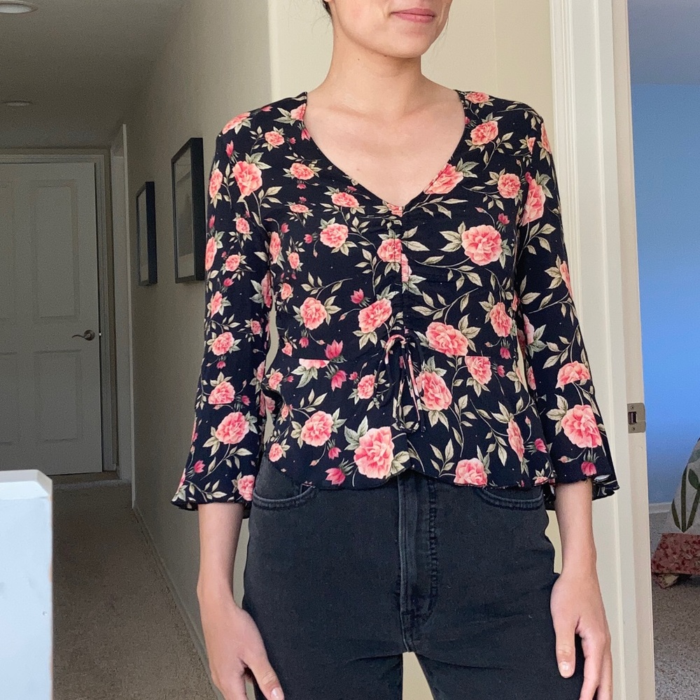 Black and pink floral Zara top.